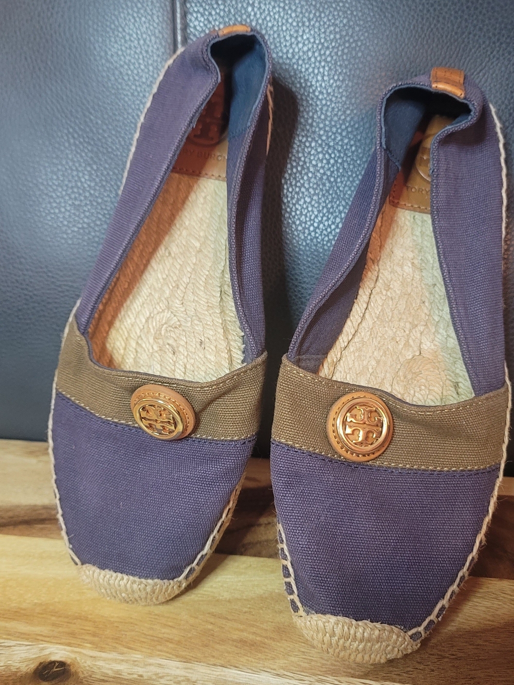 Tory Burch Navy Canvas and Tan Trim Espadrille Flats with Gold Logo